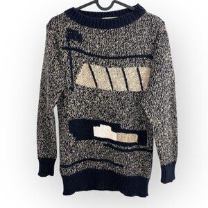 Vintage Laurel by Escada Linen Cotton Knit Navy cream print Jumper Sweater small